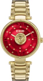 Versus versace moscova collection luxury womens watch timepieces with a gold bracelet and case featuring a red dial.jpg