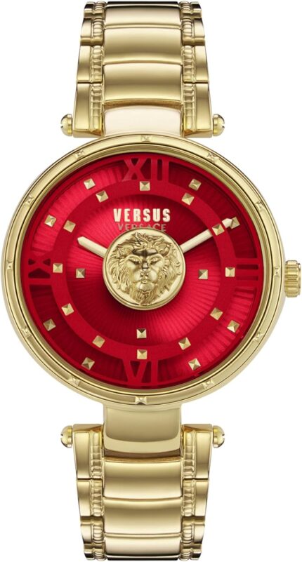 Versus versace moscova collection luxury womens watch timepieces with a gold bracelet and case featuring a red dial.jpg
