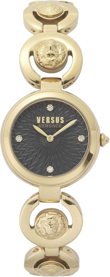 Versus versace peking road petite collection luxury womens watch timepieces with a gold bracelet and case featuring a black dial.jpg