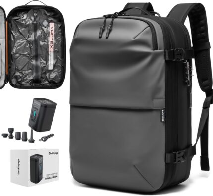 Vortex vacuum seal travel backpack 60l exapandable air compression system water resistant tsa lock carry on suitcase luggage gray aero vacuum pump included.jpg