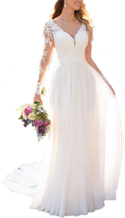 Wedding dresses for bride 2025 with lace appliques chiffon a line women dress long sleeves beach bride dress.jpg