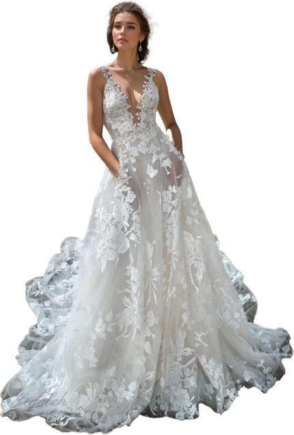 Wedding dresses for bride lace appliques tulle beach bridal gowns with train he9013.jpg