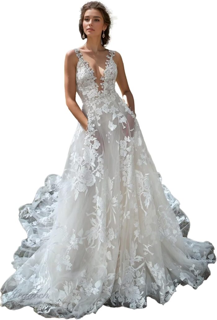 Wedding dresses for bride lace appliques tulle beach bridal gowns with train he9013.jpg