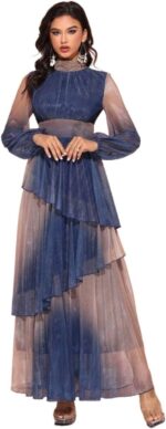 Women 2025 casual midi dress elegant dress with stand collar lantern sleeves.jpg
