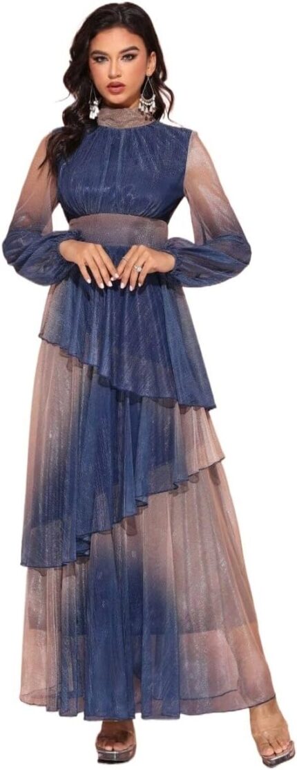 Women 2025 casual midi dress elegant dress with stand collar lantern sleeves.jpg