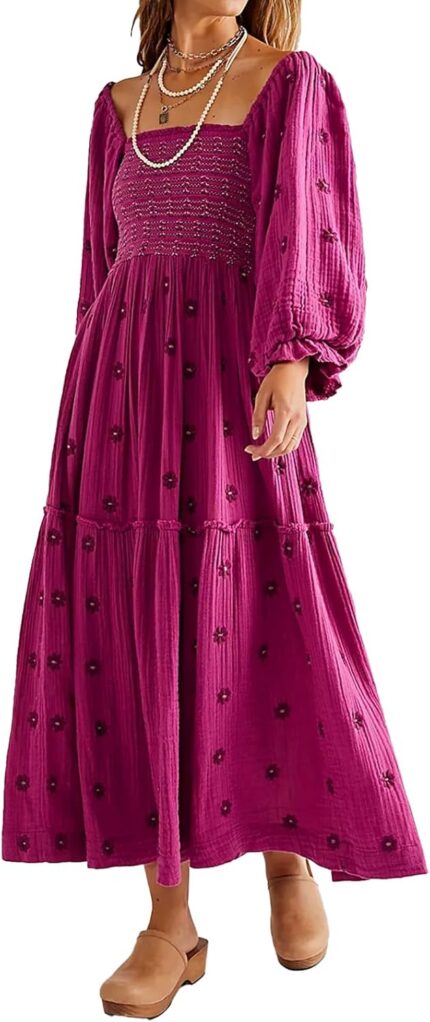 Women floral embroidered maxi dress long puff sleeve square neck bohemian flowy dress with pockets smocked fall dress.jpg