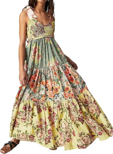 Women floral maxi dress sleeveless tie shoulder bohemian flowy smocked dresses casual summer sundress with pockets.jpg
