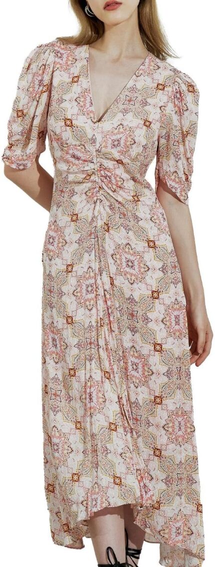 Womens 2025 summer midi dresses vintage floral kaleidoscope print short sleeve v neck.jpg