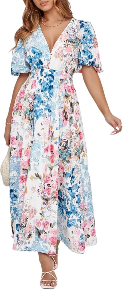 Womens boho floral print midi dress short sleeve summer long dress.jpg