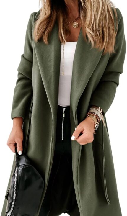 Womens classic coat lapel collar open front belted long jacket.jpg