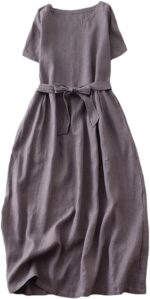 Womens cotton solid color round neck side pockets dress summer loose lace up dresses.jpg