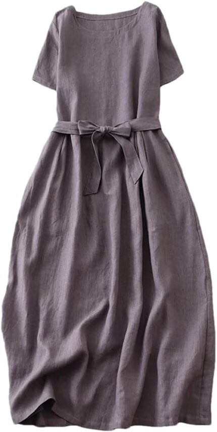 Womens cotton solid color round neck side pockets dress summer loose lace up dresses.jpg