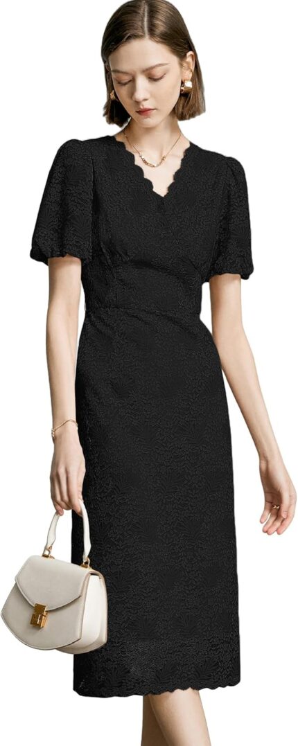 Womens lace floral v neck dress with puff sleeves and back zipper elegant and romantic design.jpg