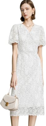 Womens lace floral v neck dress with puff sleeves and back zipper elegant and romantic design white.jpg