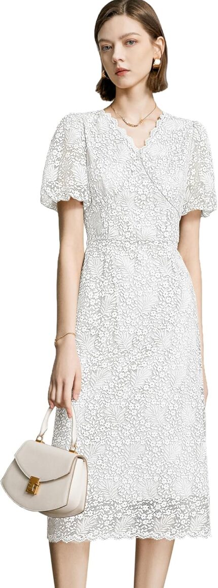 Womens lace floral v neck dress with puff sleeves and back zipper elegant and romantic design white.jpg