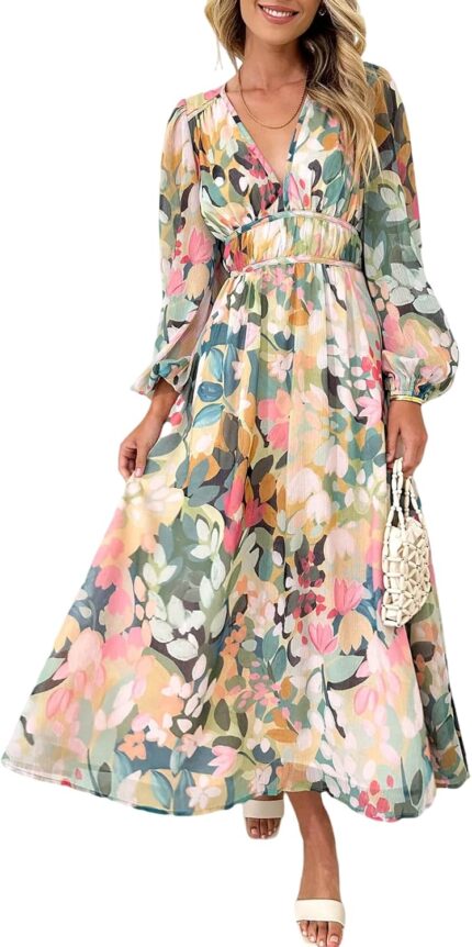 Womens long sleeve boho maxi dress floral print long dress pink print.jpg