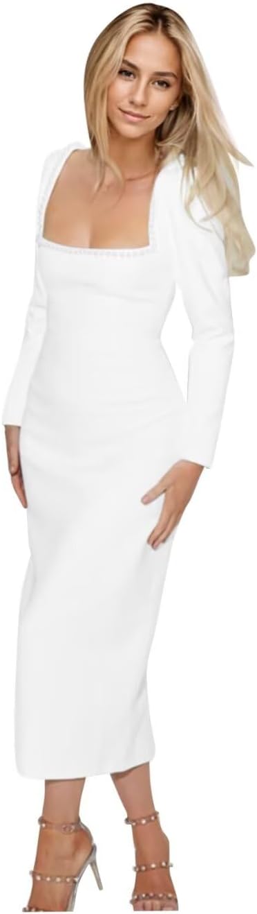 Womens long sleeves satin wedding dresses for brides 2025 square neck beading wedding guest dresses s p019.jpg