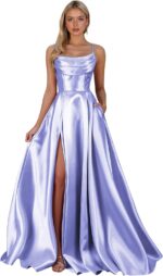 Womens satin prom dresses with slit 2025 spaghetti straps sequin cowl neck formal dress with pockets.jpg