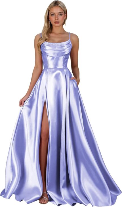 Womens satin prom dresses with slit 2025 spaghetti straps sequin cowl neck formal dress with pockets.jpg