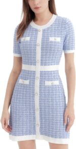 Womens sweater dress knit tweed dress short sleeve pearl button mini dresses trendy for fall spring summer.jpg