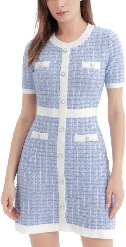 Womens sweater dress knit tweed dress short sleeve pearl button mini dresses trendy for fall spring summer.jpg