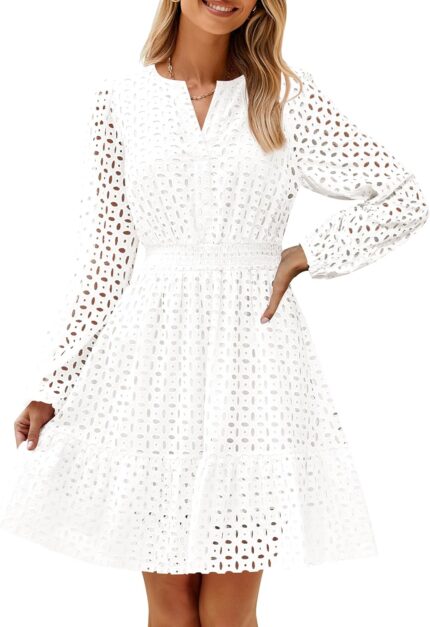 Zesica womens 2025 long sleeve mini dress spring v neck hollow out eyelet embroidery ruffle a line swing short dresses.jpg
