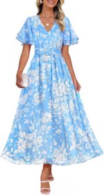 Zesica womens 2025 summer floral v neck midi dress boho short sleeve high waist flowy beach vacation dresses with belt.jpg