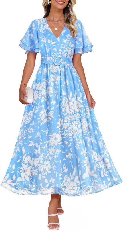 Zesica womens 2025 summer floral v neck midi dress boho short sleeve high waist flowy beach vacation dresses with belt.jpg