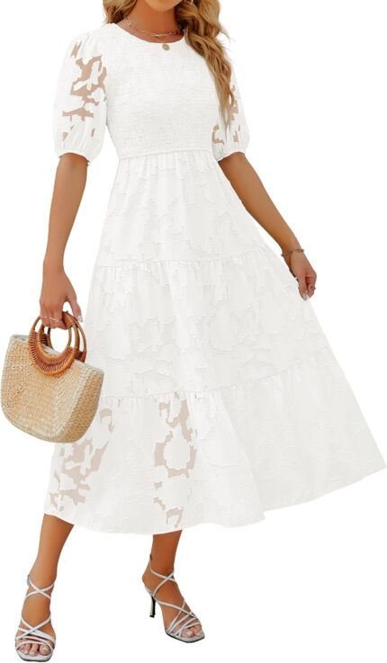 Zesica womens 2025 summer short puff sleeve crewneck smocked floral lace flowy a line tiered maxi dresses.jpg