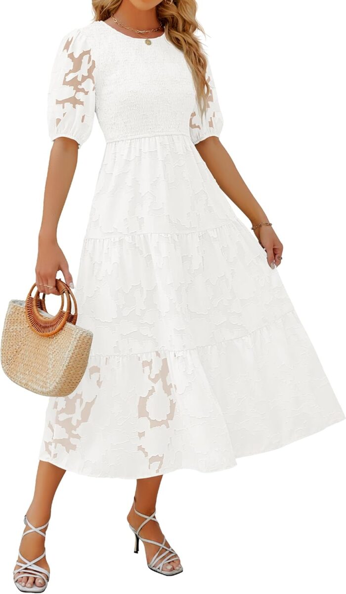 Zesica womens 2025 summer short puff sleeve crewneck smocked floral lace flowy a line tiered maxi dresses.jpg