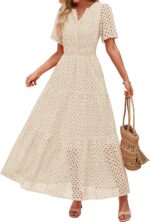 Zesica womens 2025 summer short sleeve maxi dress casual v neck hollow out eyelet ruffle swing a line long dresses.jpg
