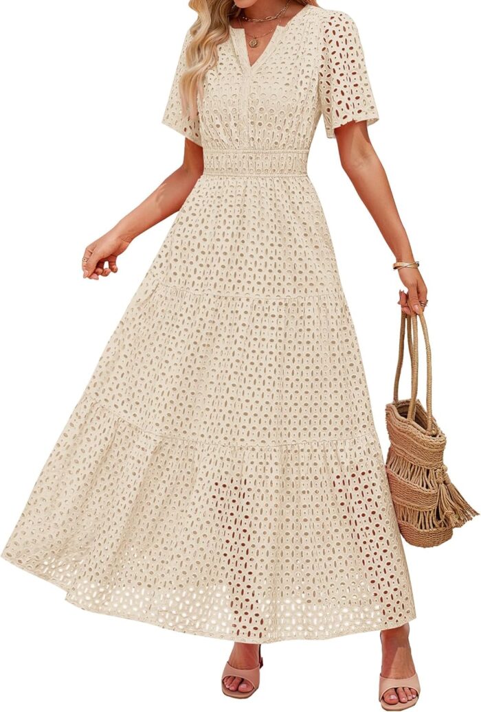 Zesica womens 2025 summer short sleeve maxi dress casual v neck hollow out eyelet ruffle swing a line long dresses.jpg