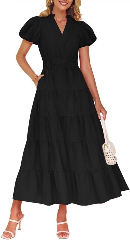 Zesica womens summer casual maxi dress 2025 puff short sleeve v neck ruffle tiered flowy boho beach dresses.jpg