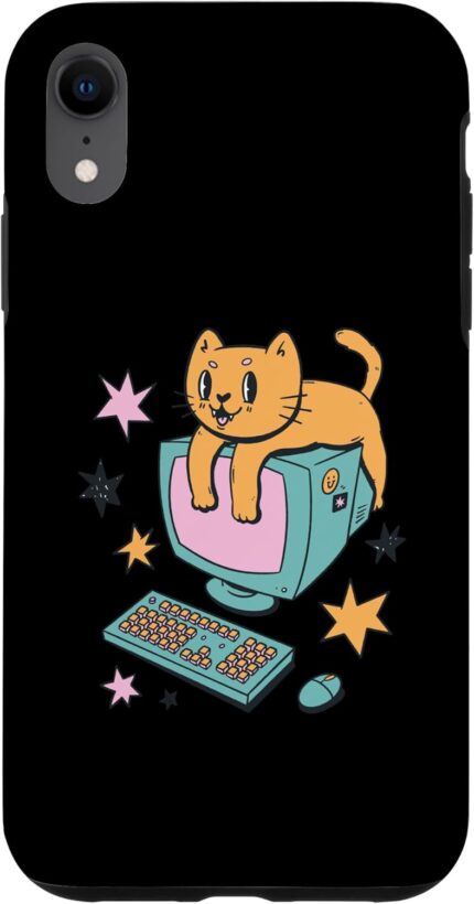 Iphone xr adorable cat on computer keyboard feline tech designer case.jpg