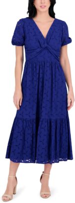 Kensie womens puff sleeve v neck tiered maxi dress.jpg