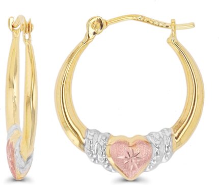 14K Gold Solid Hypoallergenic Heart Hoop Earrings Tricolor Gold Two Tone Heart Shaped Triple Heart Shrimp Hoops.jpg