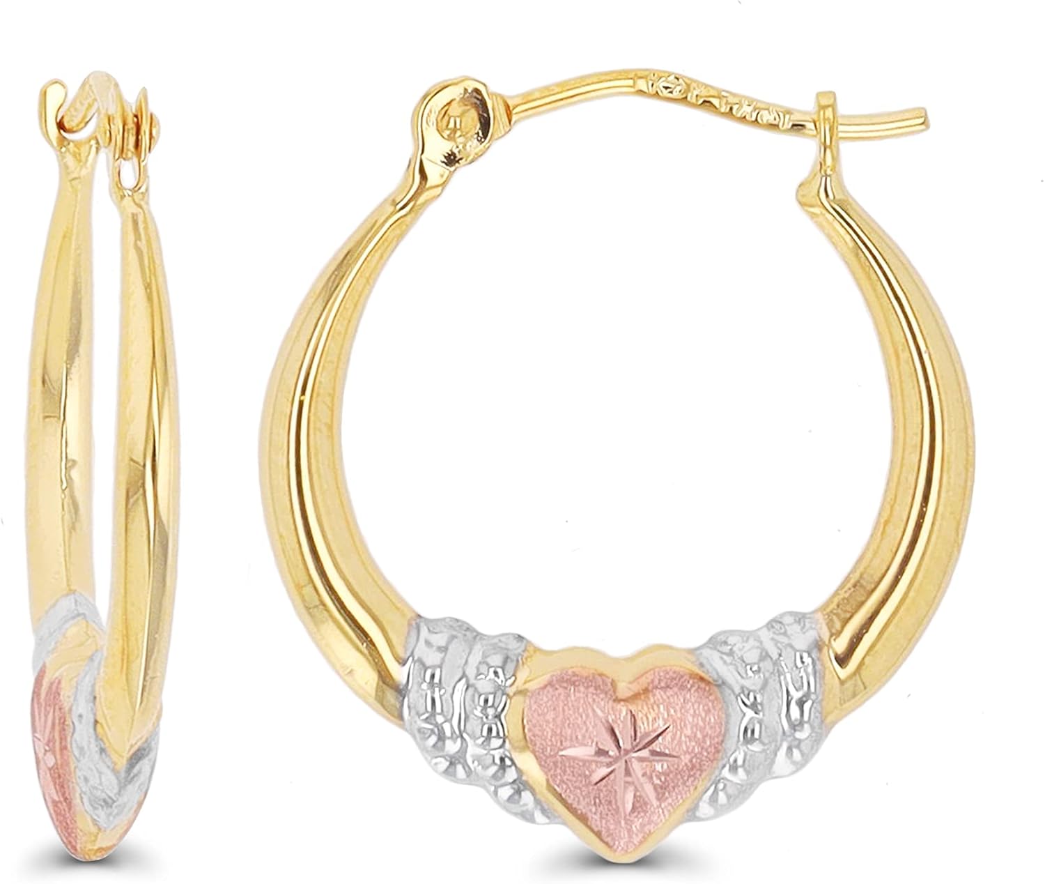 14K Gold Solid Hypoallergenic Heart Hoop Earrings Tricolor Gold Two Tone Heart Shaped Triple Heart Shrimp Hoops.jpg