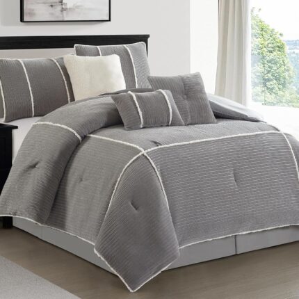 7 Piece Comforter Set King Grey Bed in a Bag Corduroy Textured Bedding Set with Comforter Bed Skirt Pillow Shams and Decor Pillows Luxury Modern Home Decor.jpg