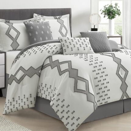 7 Piece Grey and White Comforter Set Queen Boho Home Decor Geometric Clip Pattern Bedding Set for All Seasons Bed in a Bag Bedskirt Shams and Decorative Pillows.jpg