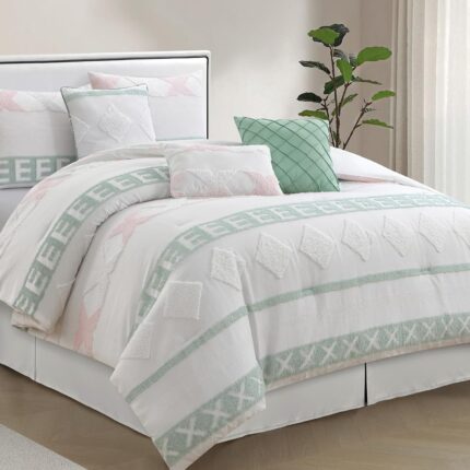7 Piece White Green Comforter Set King Boho Home Decor Geometric Clip Pattern Bedding Set for All Seasons Bed in a Bag Bedskirt Shams and Decorative Pillows.jpg
