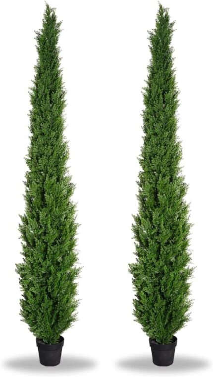 8 Feet Pre Potted Evergreen Outdoor Artificial Cedar Tree for Front Porch Decor Outdoor Entryway Decor Fake Tree Tall Faux Tree with UV Resistant Coating 2 Pack.jpg