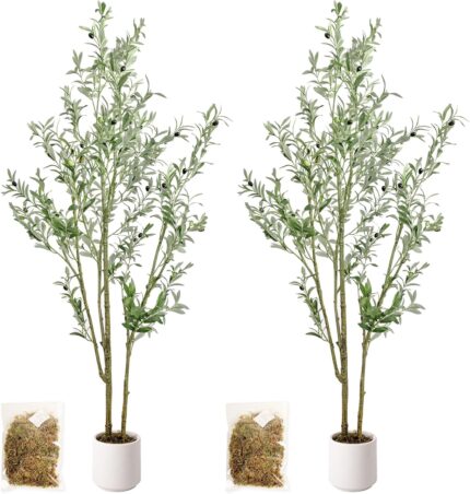 Artificial Fake Olive Tree 6FT Tall 2Pack with White Planter Faux Silk Olive Tree for Home Living Room Office Decor Faux Artificial Plants Indoor with Fruit Free Moss.jpg