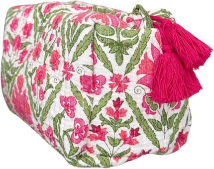 Block Print Designer Toiletry Bag Makeup Case Boho Floral Quilted Pouch for Cosmetics Skincare Waterproof Lined Organizer for Purse Travel Gift Medium 7x5x4 inches Multi 3.jpg