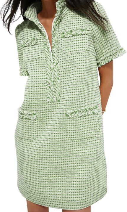 COZYPOIN Womens Tweed Mini Dress Elegant V Neck Short Sleeve Business Shift Dresses for Work Casual 2026 Fashion.jpg