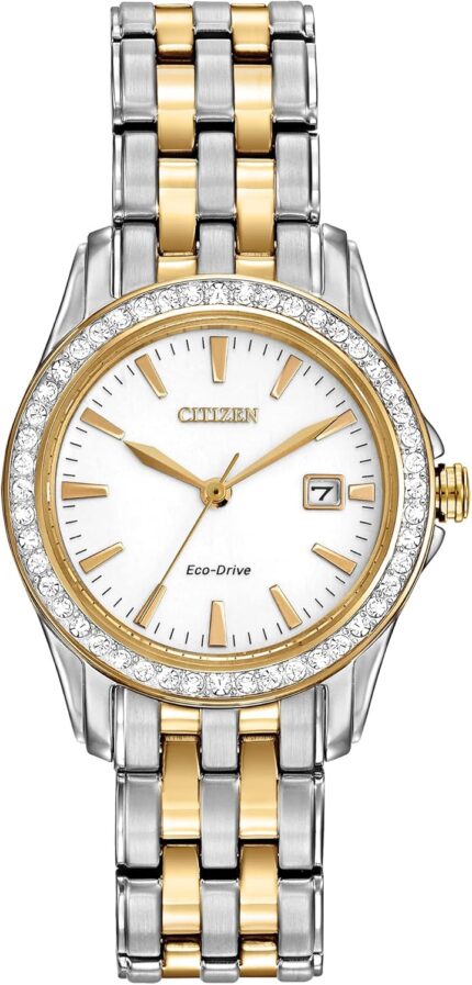 Citizen Womens Eco Drive Dress Classic Crystal Watch in Two Tone Stainless Steel Silver Dial 28mm Model EW1908 59A.jpg