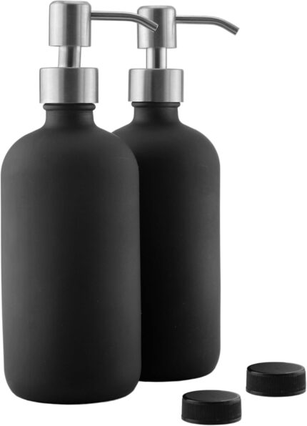 Cornucopia Brands 16oz Black Glass Bottles wStainless Steel Pumps 2 Pack Black Coated Boston Round Lotion Hand Care Soap Dispensers.jpg