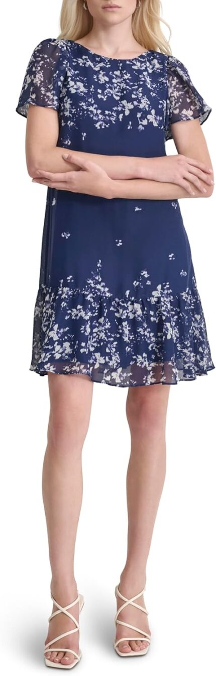 DKNY Womens Flutter Sleeve Ruffle Hem Shift Mini Dress.jpg