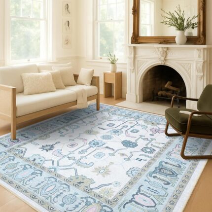 Fame Living Cream Green Oushak Rug Modern Vintage Turkish Eclectic Floral Pastel Washable Extra Large Area Rugs for Living Room Dining Bedroom Lounge 9x12.jpg