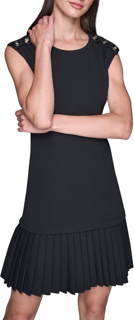 Karl Lagerfeld Womens Crew Neck Buttons on Shoulder Pleated Skirt Scuba Crepe A line Dress.jpg