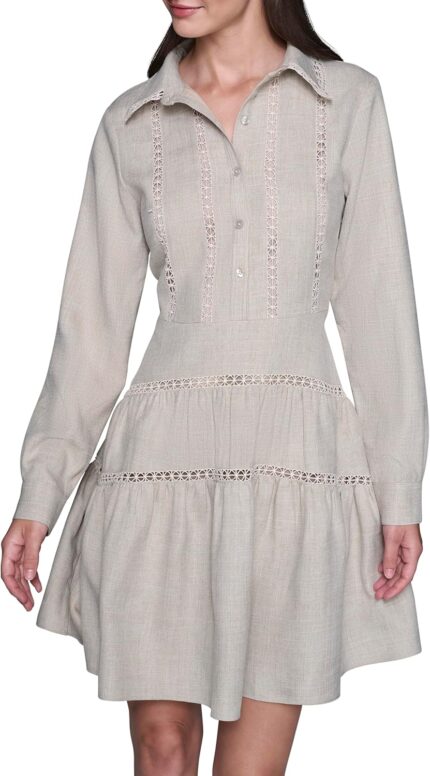 Karl Lagerfeld Womens Long Sleeve Collared Faux Linen Lace Trim Tiered Dress.jpg